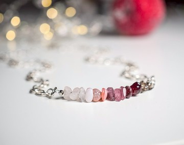 原石水晶項鍊，925 純銀，石榴石、碧璽、粉色蛋白石、薔薇石英