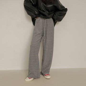 鬆緊條紋抽繩棉褲-藍條【KT201501】