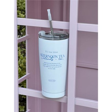 YOUNGFIRE原創ins藍字印花浪漫不銹鋼保溫吸管杯可愛少女心大容量