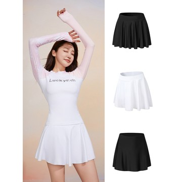 Luckyfish 新款 韓版 速乾 顯瘦 衝浪游泳運動健身 百折短裙帶內襯 沙灘短裙 游泳褲裙 防走光短裙