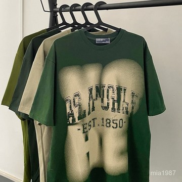 100%純棉短袖T恤男夏季歐美複古字母暈染印花設計感半袖衫寬鬆T NZCG