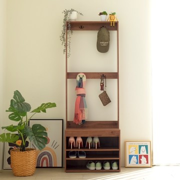 EASYHOME 玄關座式鞋櫃 附掛鈎  胡桃色  3層