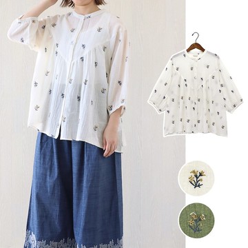 【預訂】印度製 花朵刺繡長袖襯衫