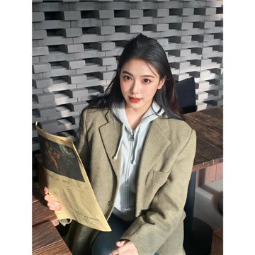 陳不哭 復古人字紋夾棉50羊毛呢西裝外套女早春韓版寬松休閑加厚