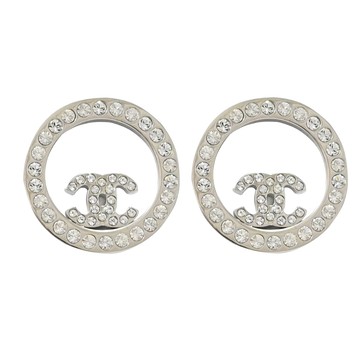 CHANEL A96562 香奈兒 經典雙C LOGO圓形縷空鑲鑽耳環.銀