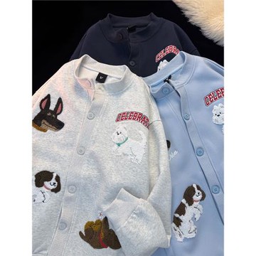CURPOPP 美式趣味卡通小狗開衫衛衣男春季新款學院風減齡情侶外套