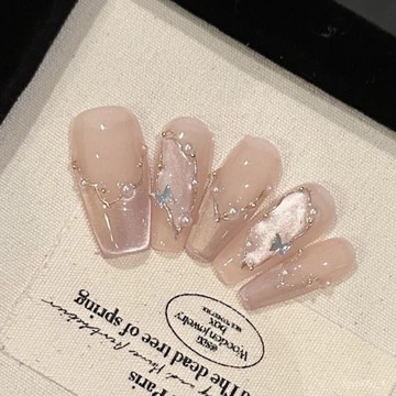 🎀純手工穿戴甲🎀【晨露碟翼】手工穿戴甲蝴蝶氣質顯白光療甲穿戴式夏日粉色純慾氣新年美甲貼片高級感穿戴甲顯白美甲片 2GED