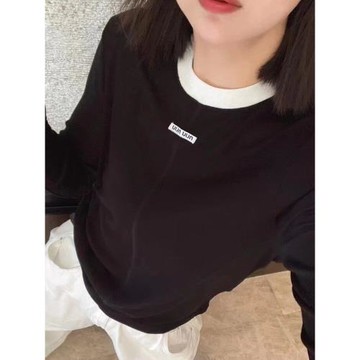 歐貨圓領拼色長袖t恤女早春新款撞色設計感小眾天絲羊毛打底上衣