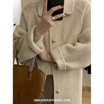 Coex Mall 首爾 高級托卡~韓國冬季米色雙面羊絨大衣女金屬扣外套