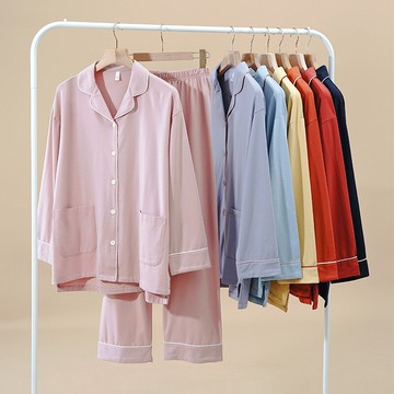韓版睡衣女純棉春秋款長袖簡約開衫高級感純色全棉時尚舒適家居服