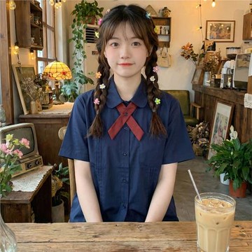 日系軟妹學院風小清新風琴壓褶百搭領結娃娃領jk短袖襯衫上衣少女