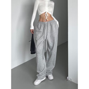 井也 慵懶風灰色運動休閑衛褲女秋季新款高腰寬松直筒闊腿束腳褲