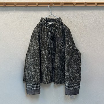 復古碎花格紋拼接立領綁帶寬鬆上衣317958