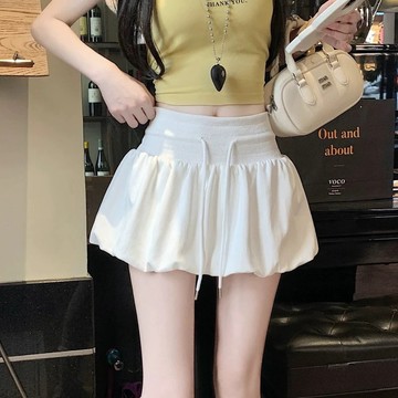 抽繩半身裙白色夏季新款高腰休閒花苞運動蓬蓬裙蓬蓬短裙
