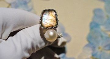 純手工純銀製作彩色l拉長石珍珠開口戒指