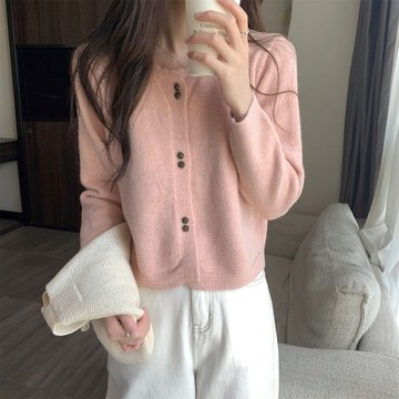 配裙子小個子毛衣 溫柔甜美風上衣 花邊短款毛衣 圓領長袖針織衫 開衫外套外穿毛衣 秋冬針織上衣 針織毛衣