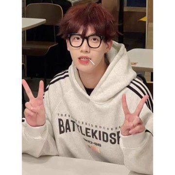 美式復古高街痞帥潮牌條紋連帽加絨衛衣男生秋冬重磅純棉休閑外套