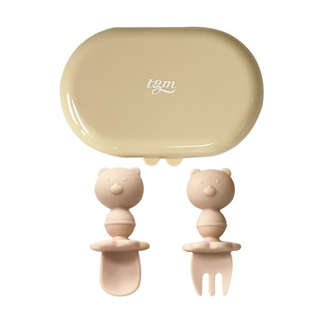 Tgm 小熊造型矽膠餐具組 - 柔軟鉑金矽膠 多色可選  珊瑚粉  幼兒湯匙 + 叉子 + 收納盒  1組