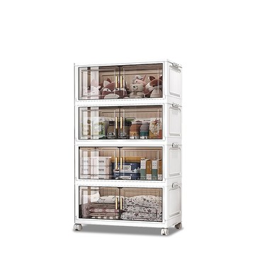 【Mr.box】80面寬摺疊前開式四層收納櫃-附滑輪80面寬四層-透黑-透明面板