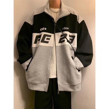 青少年春秋款外套男美式復古拼色機車服潮牌寬松痞帥夾克立領上衣