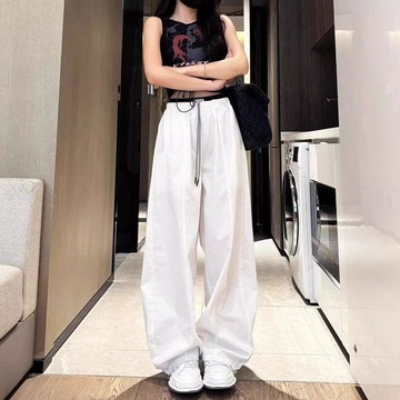 本土出貨 休閒長褲 彎刀褲女 長褲女 闊腿褲 美式防曬速幹褲女夏季新款撞色高腰休閒寬鬆慵懶彎刀闊腿褲子Y2 R