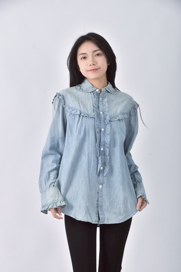 (L) ralph lauren丹寧牛仔排扣荷葉邊藍色襯衫上衣