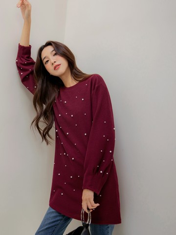 長版針織坑條珍珠長袖洋裝上衣