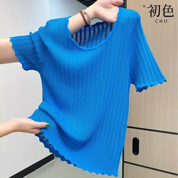 初色 簡約風休閒純色鏤空波浪邊圓領短袖冰絲針織衫上衣女上衣-藍色-19158(F可選)