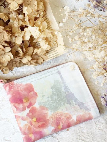 【L型短夾】水彩風花巴黎 L型拉鍊短夾 輕薄 零錢包 皮包 錢包