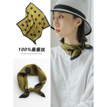 綠色絲巾真絲小方巾輕奢高級感秋季法式波點老錢風圍巾復古春秋冬