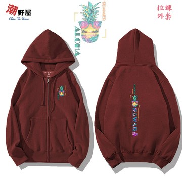 潮野屋 夏日狂熱 墨鏡鳳梨 夏威夷 連帽拉鍊外套 衣服 長袖上衣 文字 刷毛 可愛 潮流 創意 街頭 WJD-1136