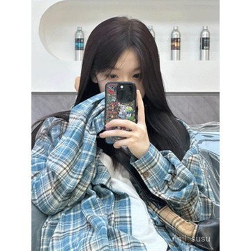 P3-【限時特賣】 襯衫女 女生襯衫 襯衫外套 防曬外套 韓版襯衫 藍色格子襯衫2024早秋文藝復古外穿女寬鬆休閒顯瘦情