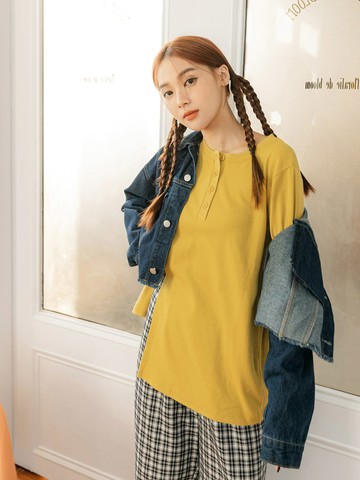 玩轉百tee．保暖磨毛半開襟高開衩長版T