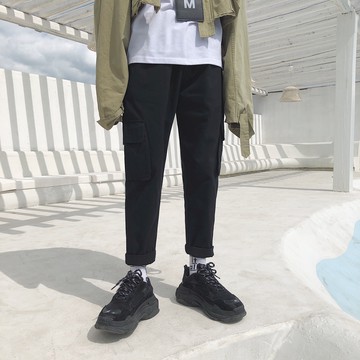 FINDSENSE品牌 秋季 新款 日本   純色 口袋裝飾 工裝褲 寬鬆  舒適 直筒褲 九分褲 休閒褲 潮男褲子