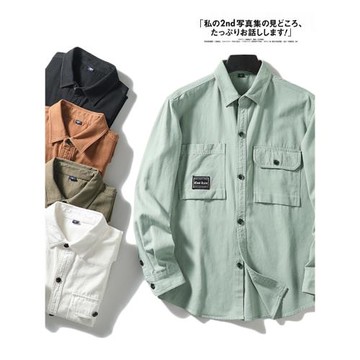 全棉水洗！貼袋設計！外貿男裝秋季情侶純色工裝復古長袖襯衫外套