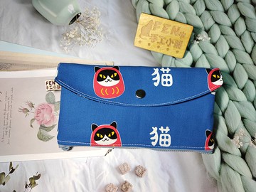 日本限量牛津棉布款和風貓福神達摩拉鍊布紅包袋-下方拉鍊紅包袋