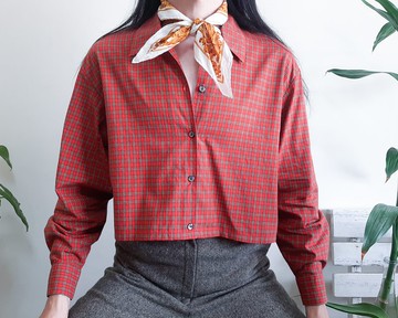 復古紅色格紋短襯衫 純棉材質 連結開襟 長袖 紅黃綠配色 M-L