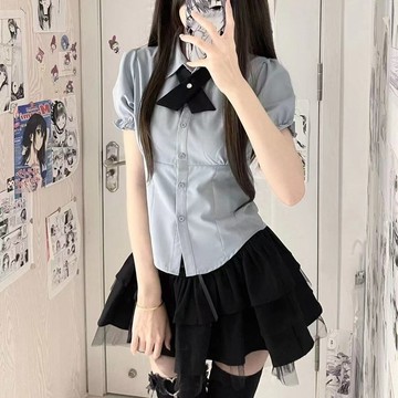 短裙 半身裙 裙褲 女生夏季短裙套裝日系學院風jk制服女短袖襯衫收腰純欲風蓬蓬蛋糕短裙子兩件套91