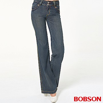 BOBSON 女款小尻革命寬版腰頭大喇叭牛仔褲