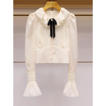 高端輕奢2025秋新款蕾絲花邊荷葉領蝴蝶結喇叭袖氣質減齡襯衫上衣