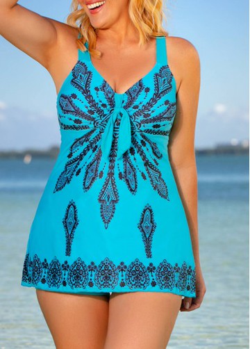 Plus Size V Neck Printed Swimdress and Shorts