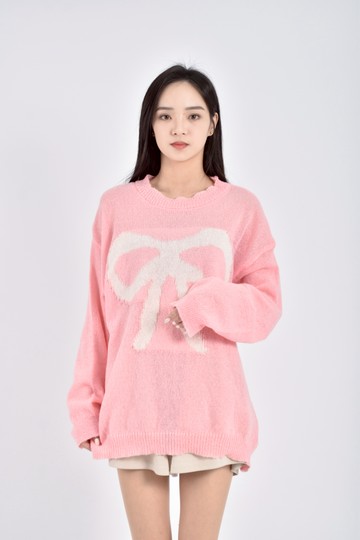 (F) 質感針織蝴蝶結長袖寬鬆粉色毛衣