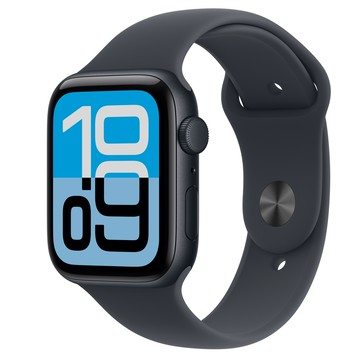 Apple Watch SE 3 (GPS)；44 公釐午夜色鋁金屬錶殼；午夜色運動型錶帶 - S/M