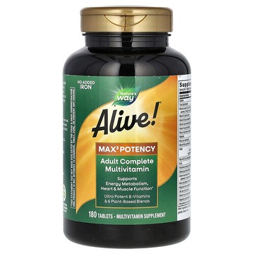 Nature's Way, Alive! 成年人 Max3 優效多維生素，無添加鐵，180 片