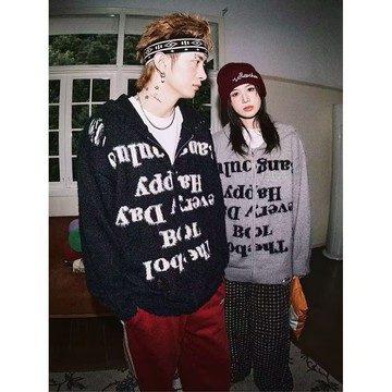 美式復古高街破洞連帽小外套毛衣男時尚潮流寬鬆百搭字母上衣男