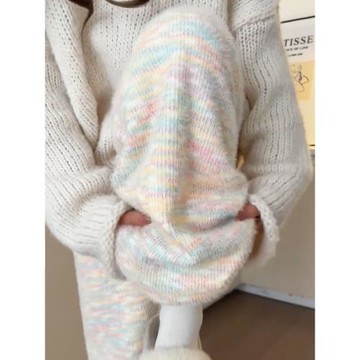 彩虹色糯米褲女秋冬2025新款高腰垂感加絨闊腿褲軟糯秋冬針織褲子