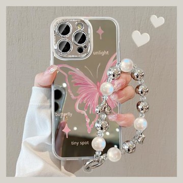 適用蘋果15promax手機殼13新款鏡面iphone14保護pro高級感珍珠手鏈plus鏡子2024女12的套pm全包新品11por蝴蝶