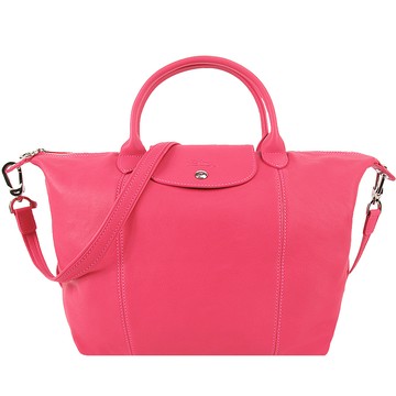 LONGCHAMP Le Pliage Cuir 小羊皮短把折疊水餃包(中/粉桃)