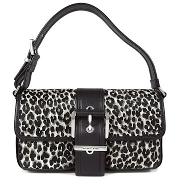 MICHAEL KORS Colby 中款 小牛毛豹紋皮革環扣翻蓋雙口袋肩背包(黑色)