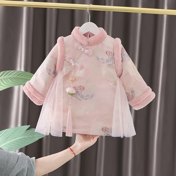 花朵鈴鐺粉嫩牡丹旗袍洋裝 長版上衣 連身裙 旗袍裝 拜年服 過年 唐裝 新衣 女童 兒童 童裝 橘魔法 現貨 【BB7196】